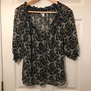 Old Navy Sheer Navy Floral 1/4 Lace Up Blouse Med